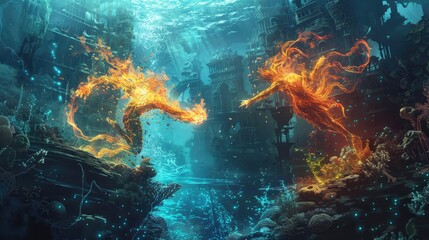Wall Mural - ethereal beings of fire and water engaged in an elemental duel within a sunken cityscape adorned wit