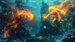 © UMAR SALAM - Ethereal beings of fire and water engaged in an elemental duel within a sunken cityscape adorned with ancient coral and bioluminescent creatures.