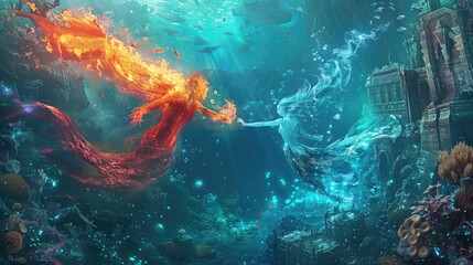 Wall Mural - Ethereal beings of fire and water engaged in an elemental duel within a sunken cityscape adorned with ancient coral and bioluminescent creatures.