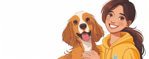 A Cocker Spaniel with a volunteer in a shelter, cartoon style, bright and caring, isolated on white background