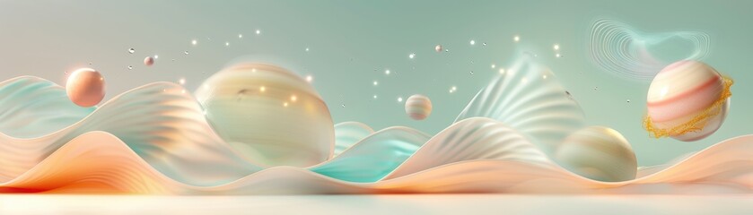 Poster - A colorful space scene with many different colored balls floating around. Scene is playful and whimsical