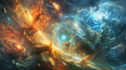 Poster - Ethereal spirits of time and space engaged in a celestial battle amidst swirling galaxies and cosmic phenomena.