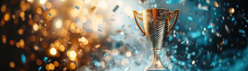 A gold cup is on a table with a lot of colorful confetti. The cup is the winner of an award, and the confetti represents the celebration and excitement of the victory