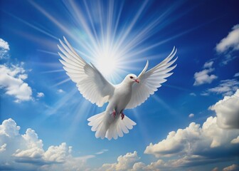 Serene white dove soars in a brilliant blue sky, wings outstretched, symbolizing hope, peace, and aspirational freedom, against a backdrop of wispy clouds.