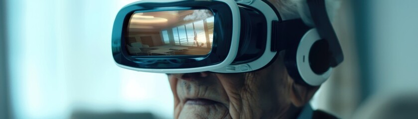 Wall Mural - An elderly man is wearing a virtual reality headset and smiling. He is sitting on a blue chair