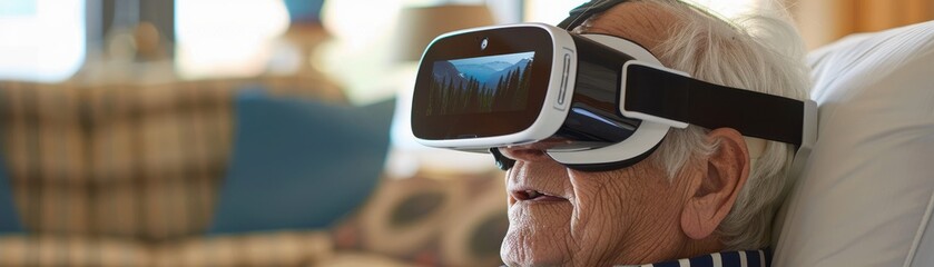 Wall Mural - An elderly man is wearing a virtual reality headset and smiling. He is sitting on a blue chair