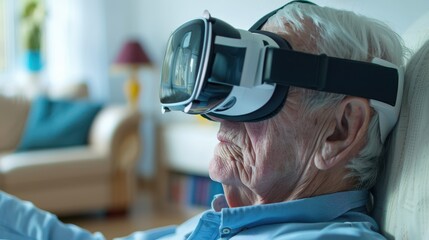 Wall Mural - An elderly man is wearing a virtual reality headset and smiling. He is sitting on a blue chair