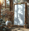 © btiger - White Wooden Frame Poster Mockup on Window Sill with Rustic Interior and Natural Light