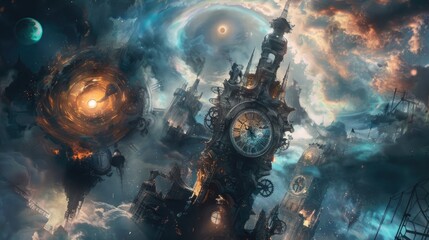 Poster - Mechanical constructs of ancient clockwork and ethereal energies battling in an otherworldly clocktower suspended between dimensions.