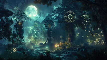 Wall Mural - Mechanical constructs of ancient runes and mystic symbols locked in an arcane duel within a mystical forest bathed in ethereal moonlight.