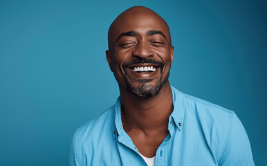 Smiling Bald African American Man in Blue Shirt Laughing Isolated on Cyan Background