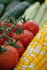 Poster - A tomato, cucumber, and corn are on a table