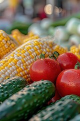 Canvas Print - A tomato, cucumber, and corn are on a table