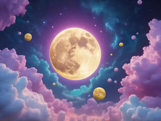 Wall Mural - abstract glowing Cartoon yellow moon with craters floats in purple turquoise pink white clouds on lilac starry sky. Magic night backdrop with multicolor objects flying bubbles stars planets