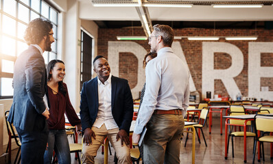 Poster - Diversity, talk and team in office cafeteria for meeting, casual chat and brainstorming ideas. People, male leader and social in workplace for inspiration, motivation and story telling in morning