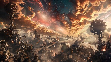 Wall Mural - Mechanical giants of gears and steam battling in a clockwork cityscape under a sky illuminated by bursts of cosmic energy.