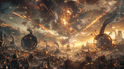 Wall Mural - Mechanical giants of gears and steam battling in a clockwork cityscape under a sky illuminated by bursts of cosmic energy.