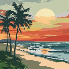 Wall Mural - Illustration serene beach scene with palm trees, waves, and a sunset.