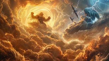 Wall Mural - Titans of elemental fury, embodiments of thunder and hurricane, clash in a realm of swirling clouds and lightning strikes.