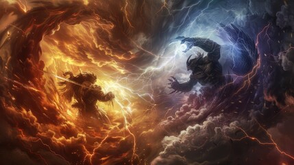 Wall Mural - Titans of elemental fury, embodiments of thunder and hurricane, clash in a realm of swirling clouds and lightning strikes.