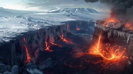 Wall Mural - Titans of fire and ice locked in an epic struggle within a volcanic landscape bordered by icy cliffs and glaciers.