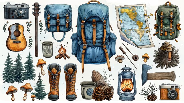 vector, illustration, Retro camping vector illustration set: backpack, map, hiking boots, campfire, guitar, tent, mug, camera, lantern, travel trailer, ax, mushrooms. Cartoon design elements collectio