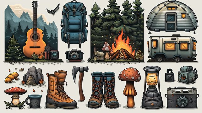 vector, illustration, Retro camping vector illustration set: backpack, map, hiking boots, campfire, guitar, tent, mug, camera, lantern, travel trailer, ax, mushrooms. Cartoon design elements collectio