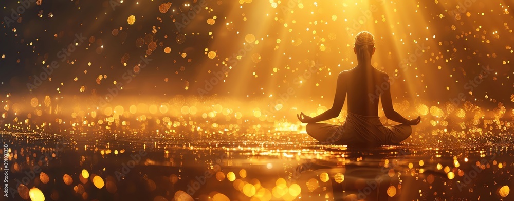 Silhouette of a woman meditating in a golden light surrounded by ...