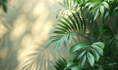 Wall Mural - Soft Pink Wall with Blurred Palm Leaf Shadows, Minimal Abstract Background for Summer Product Presentation