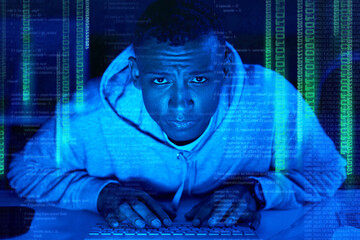 Black man, portrait or hacker coding on overlay of cybersecurity error with holographic for online crime. Programmer, night or software update on computer with hacking expert writing algorithm system