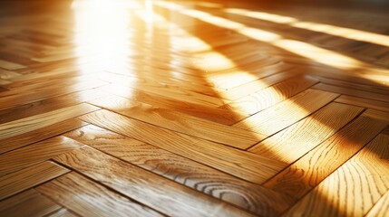 Wall Mural - A wooden floor with a sunbeam shining on it. The sunbeam casts a shadow on the floor, creating a warm and inviting atmosphere