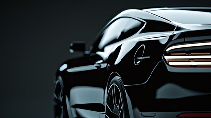 A sleek black sports car with a mirror-like lacquer finish, highlighting every curve and detail under bright lights