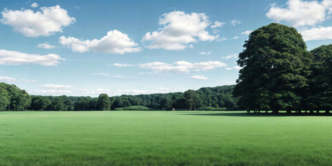 green grass field with blue skies and rolling clouds