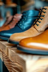 A pair of black lace up shoes are displayed on a shelf in a store. The shoes are made of leather and have a shiny finish. The store is well lit and the shoes are the main focus of the image