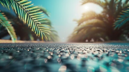 Canvas Print - A blurry image of a road with a palm tree in the foreground