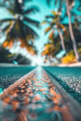 Canvas Print - A blurry image of a road with a palm tree in the foreground