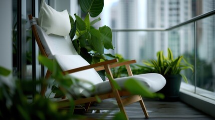 Wall Mural - A pair of lounge chairs are set up on a balcony overlooking a city skyline. The chairs are facing the sun, which is setting in the distance. Concept of relaxation and leisure