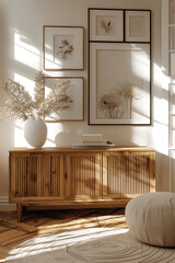 Wall Mural - Modern Wooden Sideboard with Poster Frames in Sunlit Scandinavian Interior, 3D Rendering