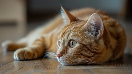 Wall Mural - beautiful red cat of breed shorthair with meat