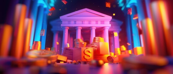 Wall Mural - Digital Bank, Colorful coins and columns, Financial Technology Illustration