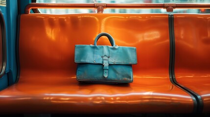 Wall Mural - Blue small bag on orange seat on the train