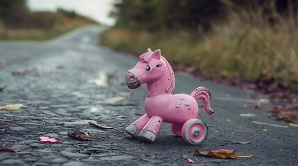 Wall Mural - broken toy baby pink horse on wheels broke on the road