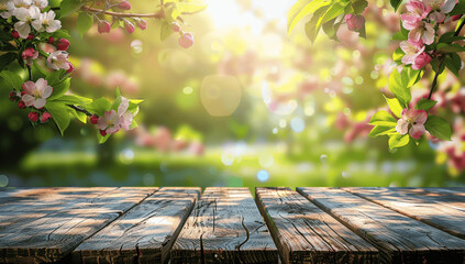 Wall Mural - Spring Nature Background with Apple Blossoms and Wooden Table, Green Garden, Sunny Day, Outdoor Display