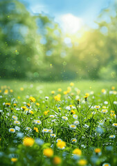 Canvas Print - Spring meadow with blooming flowers, green grass, and trees under a sunny blue sky