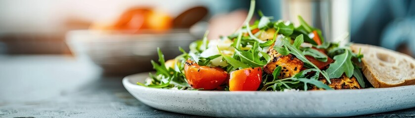 Poster - A bowl of food with a variety of vegetables and rice. The bowl is on a wooden table