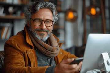 Wall Mural - Middle aged business man using mobile phone app at desk in modern office, smiling mature professional with laptop, communication, and technology