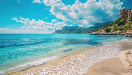 Tranquil Beach Scene With Clear Blue Water and Lush Green Mountains on a Sunny Day