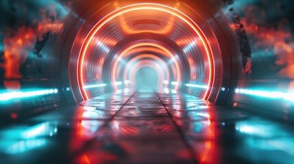 Wall Mural - A neon tunnel with a blue and pink light. The tunnel is long and narrow. The light is bright and colorful