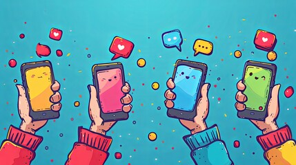 Wall Mural - vector, illustration, Hands with smartphones. Mobile communication application. Chat message icons. Play and hold smartphone. Conversation talk in phone app. Arms sending emoji. Vector digital messeng