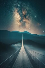 Canvas Print - a bridge over a body of water with a starry sky in the background. the bridge is illuminated by the 
